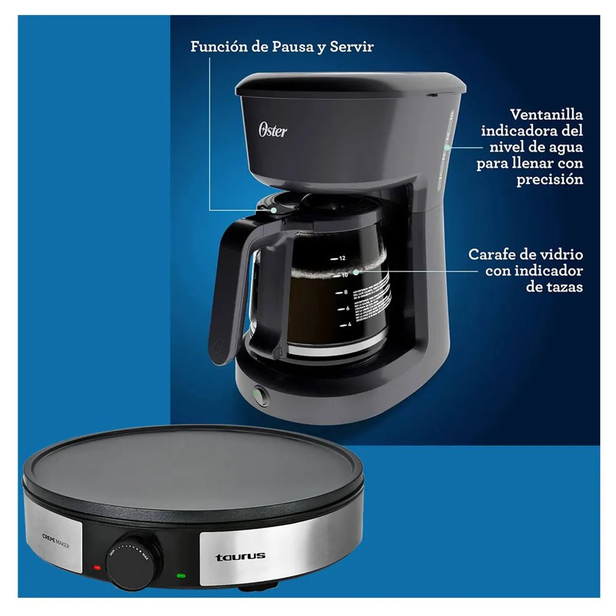 TAURUS - Crepera Taurus con Placa antiadherente S164 y Cafetera 12 tazas Oster