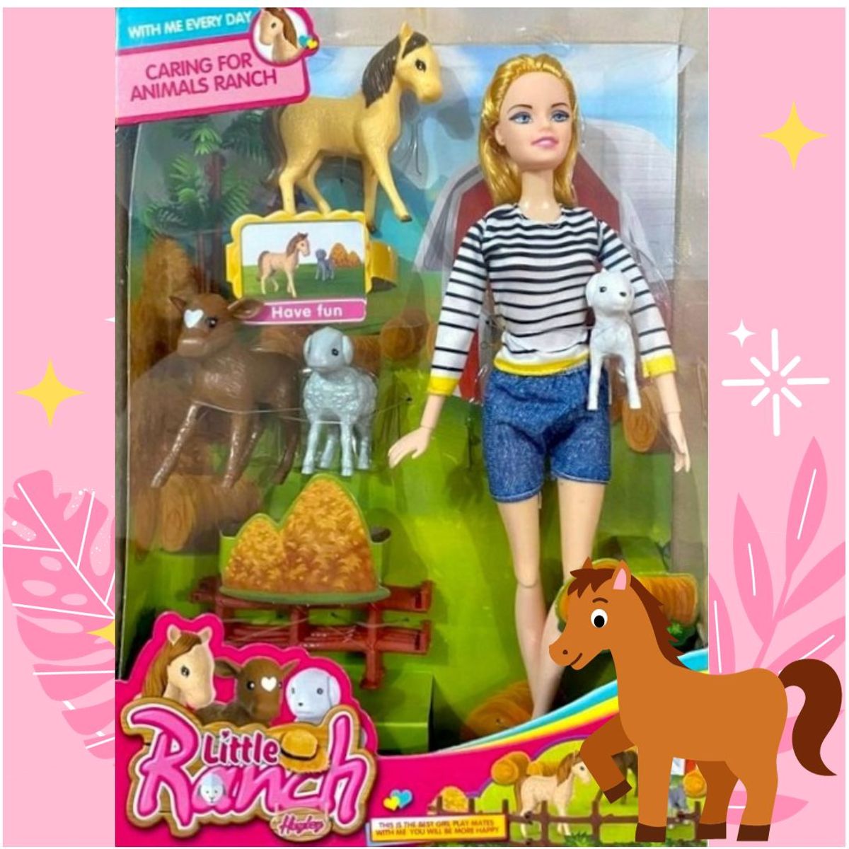 GENERICO - Muñeca Articulada Granjera con Animales con Sonidos