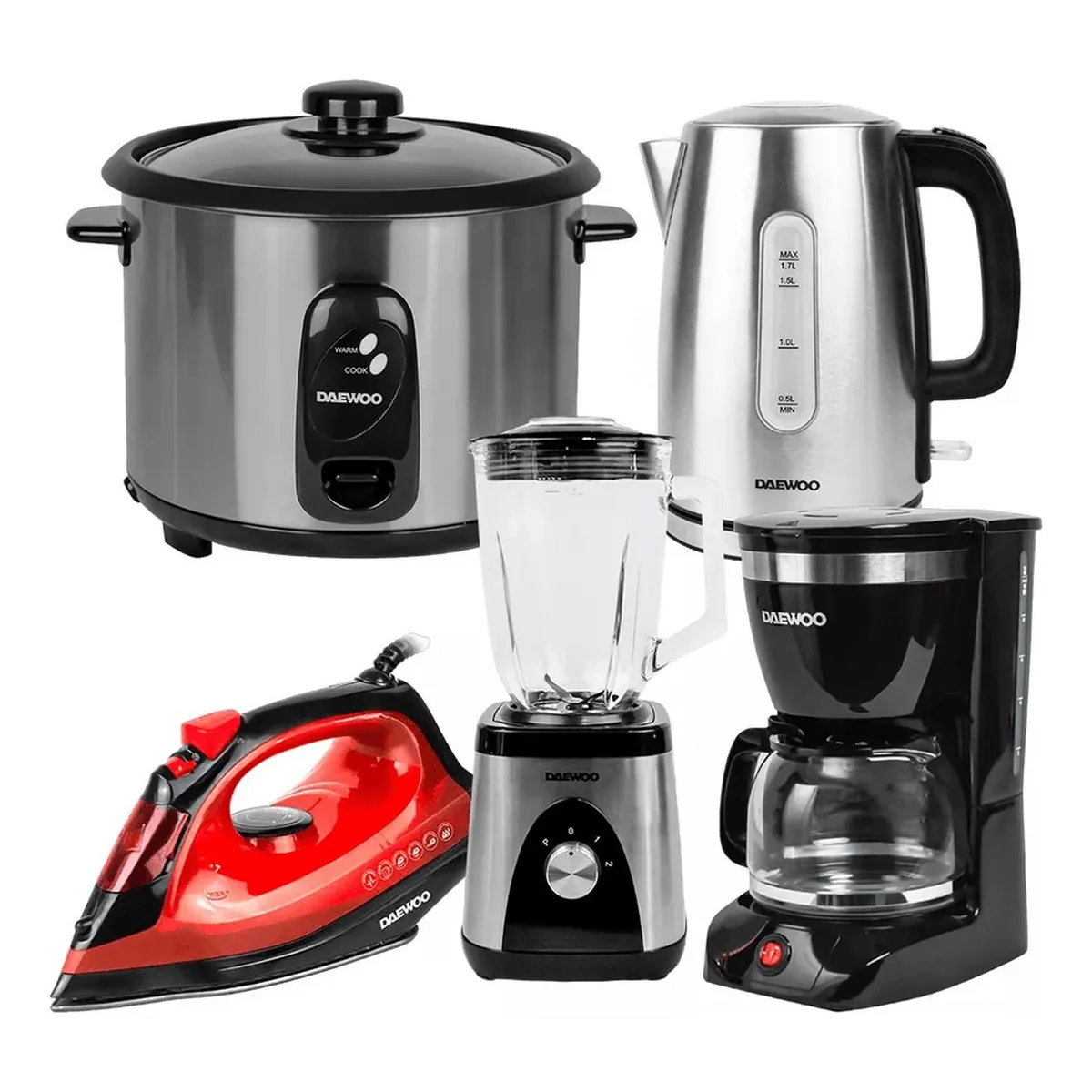 DAEWOO - Daewoo Hervidor 1.7 L + Arrocera 2.8 L + Licuadora + Plancha + Cafetera