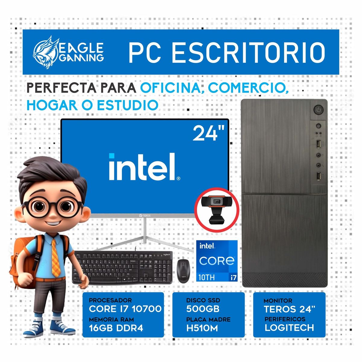 INTEL - Computadora PC Intel Core i7 10700 RAM 16GB SSD 500GB Monitor 24 FHD webcam