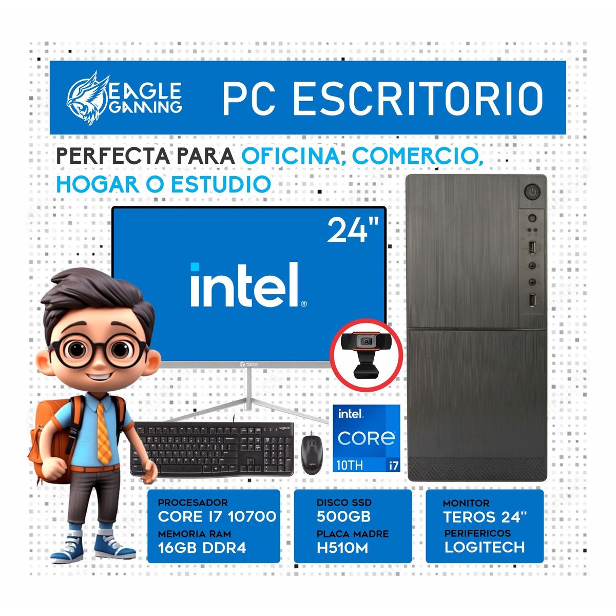 INTEL - Computadora PC Intel Core i7 10700 RAM 16GB SSD 500GB Monitor 24 FHD webcam