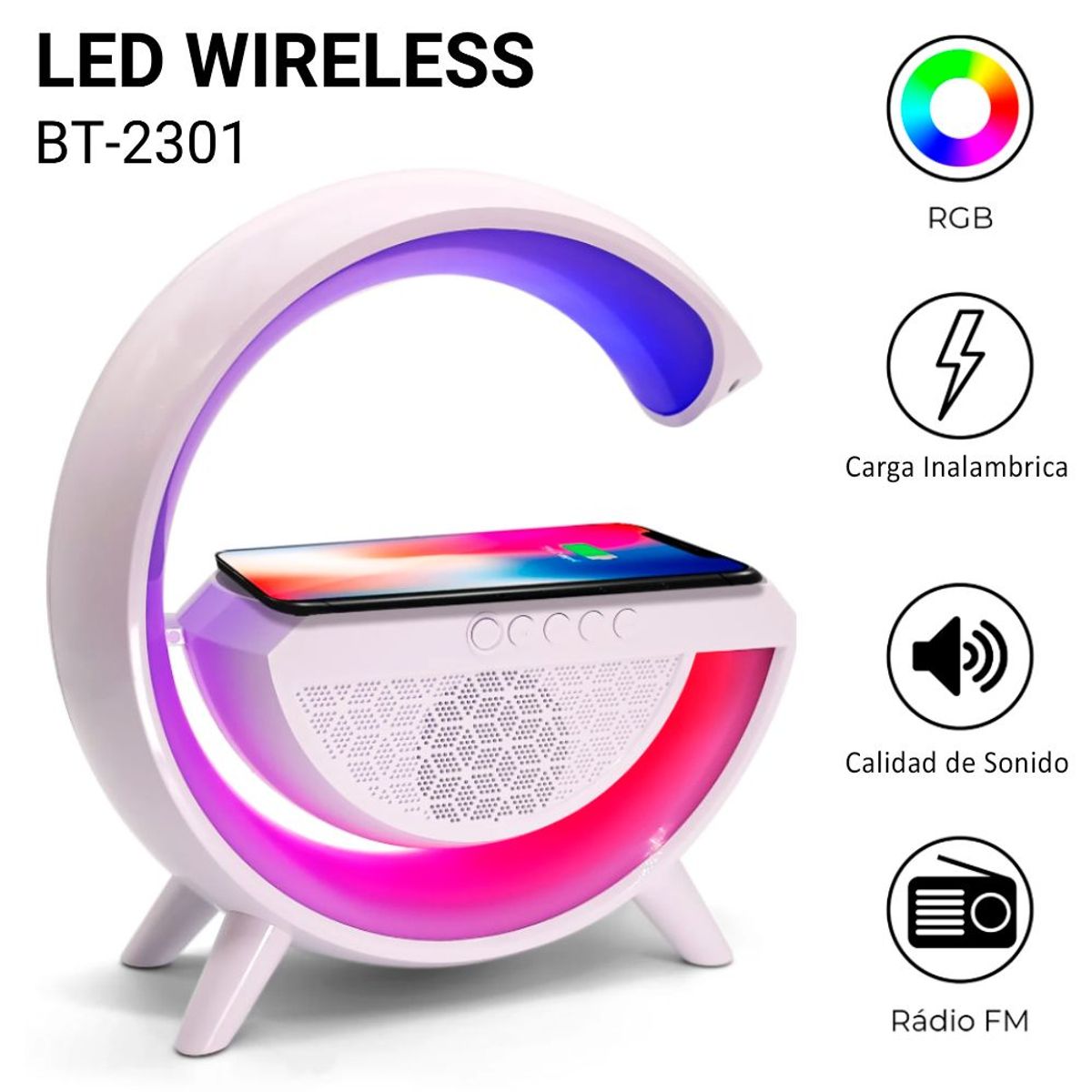 GENERICO - Parlante RGB Bluetooth Radio Con Carga Inalambrica y Luces Led