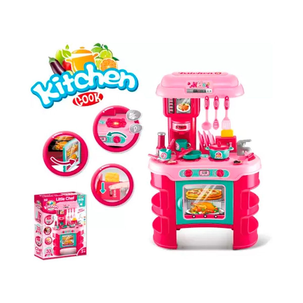 GENERICO - Set de Cocina Juguete Little Chef Musical Rosado 35 Piezas