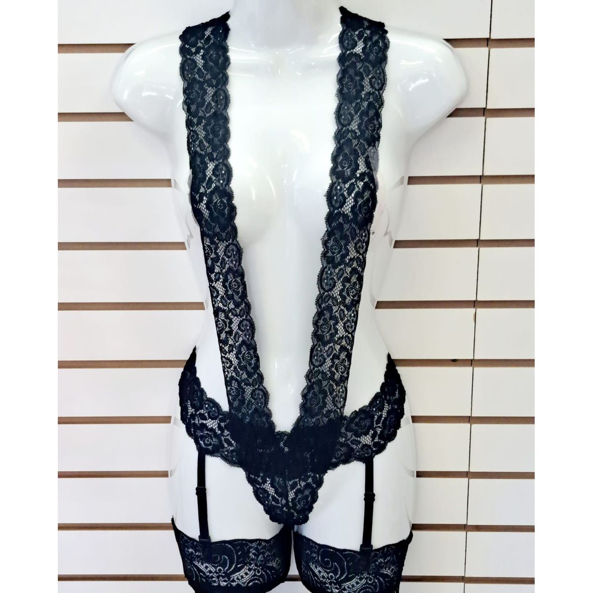 GENERICO - Boddy  Negro Lenceria Portaligas  de Encaje BIANCA  Medias DEALCOBA