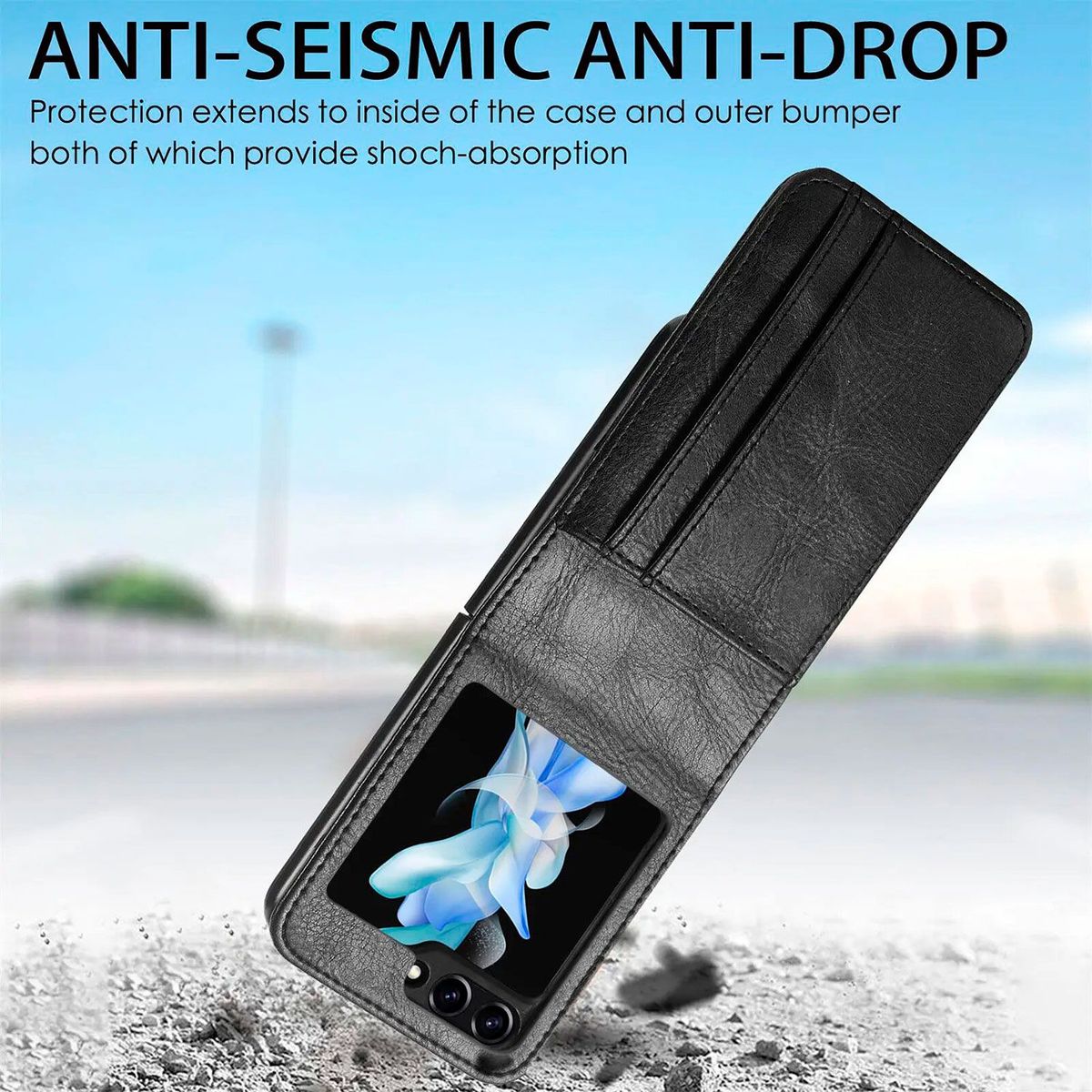 GENERICO - Funda de Cuero PU Con Tarjetero para Samsung Galaxy Z FLIP 5 - Negro