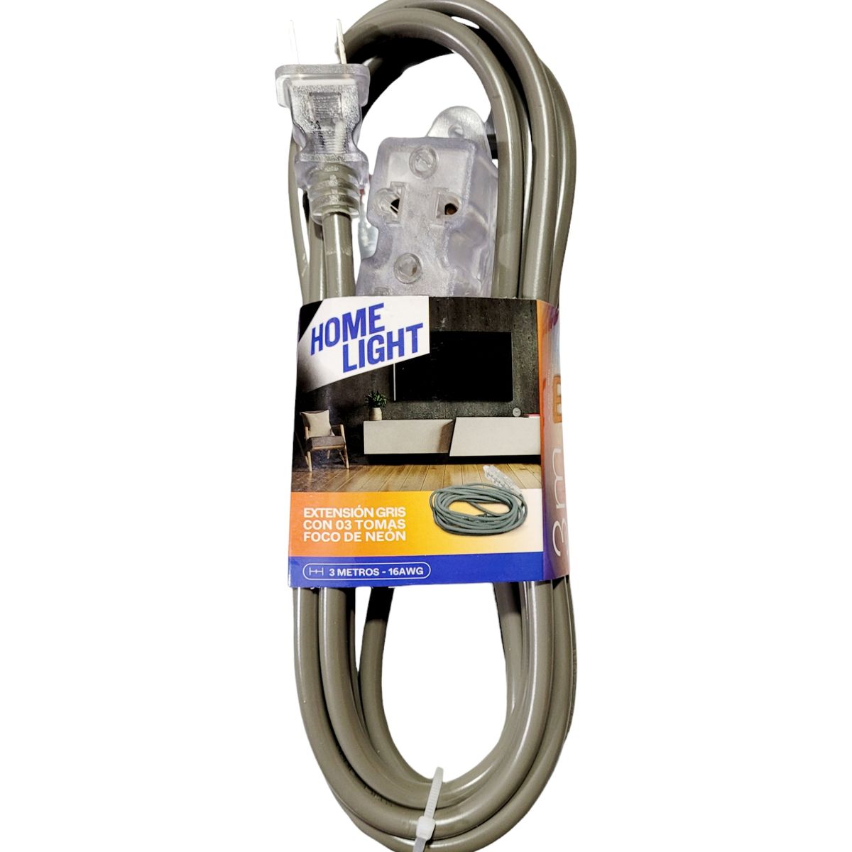 HOME LIGHT - Extensión Eléctrica Vulcanizado 3 Metros x 3 Tomas GRIS