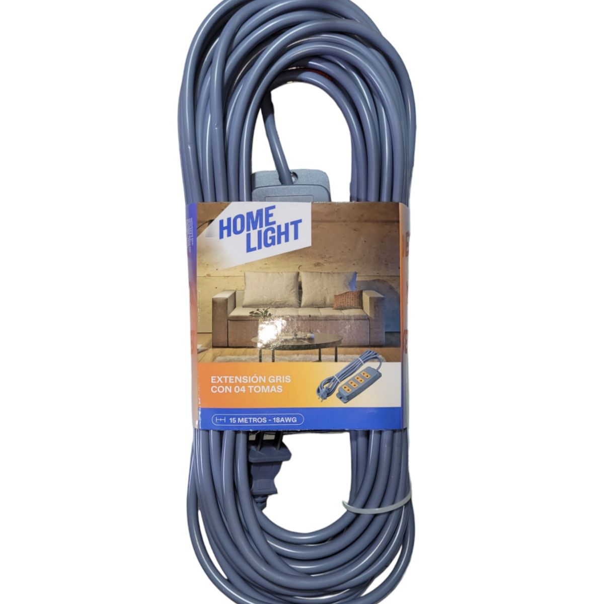 HOME LIGHT - Extensión Eléctrica Vulcanizado 15 Metros x 4 Tomas GRIS