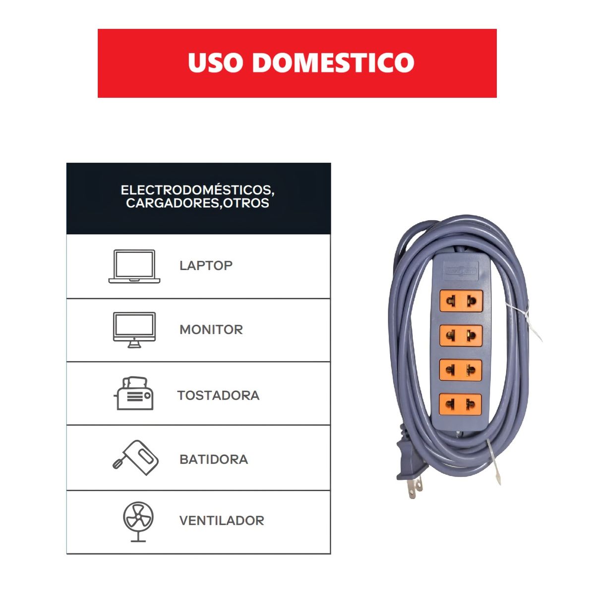 HOME LIGHT - Extensión Eléctrica Vulcanizado 15 Metros x 4 Tomas GRIS