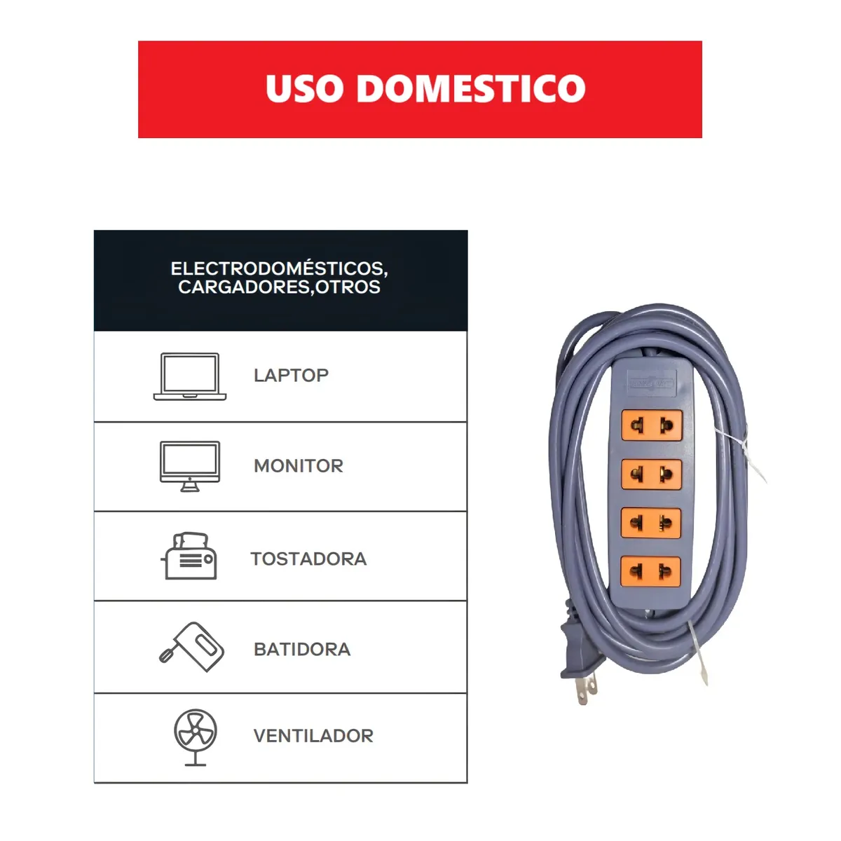 HOME LIGHT - Extensión Eléctrica Vulcanizado 3 Metros x 4 Tomas GRIS