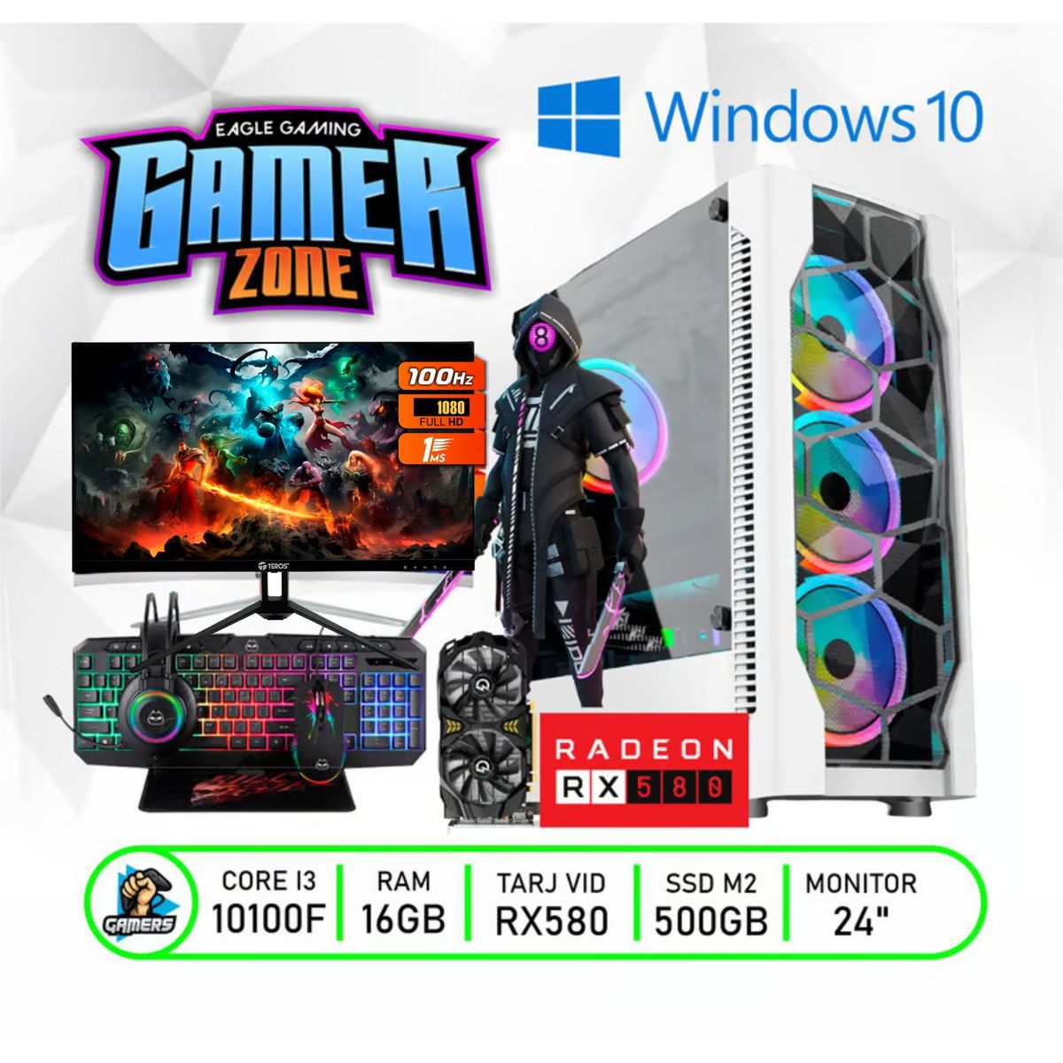 INTEL - CPU GAMER INTEL CORE I3 10100F 10GEN + RX580 8GB +16GB RAM + MONITOR 24