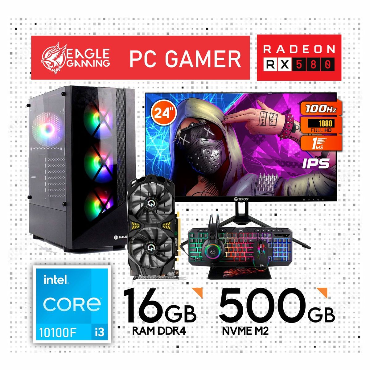 INTEL - CPU GAMER INTEL CORE I3 10100F 10GEN + RX580 8GB +16GB RAM + MONITOR 24