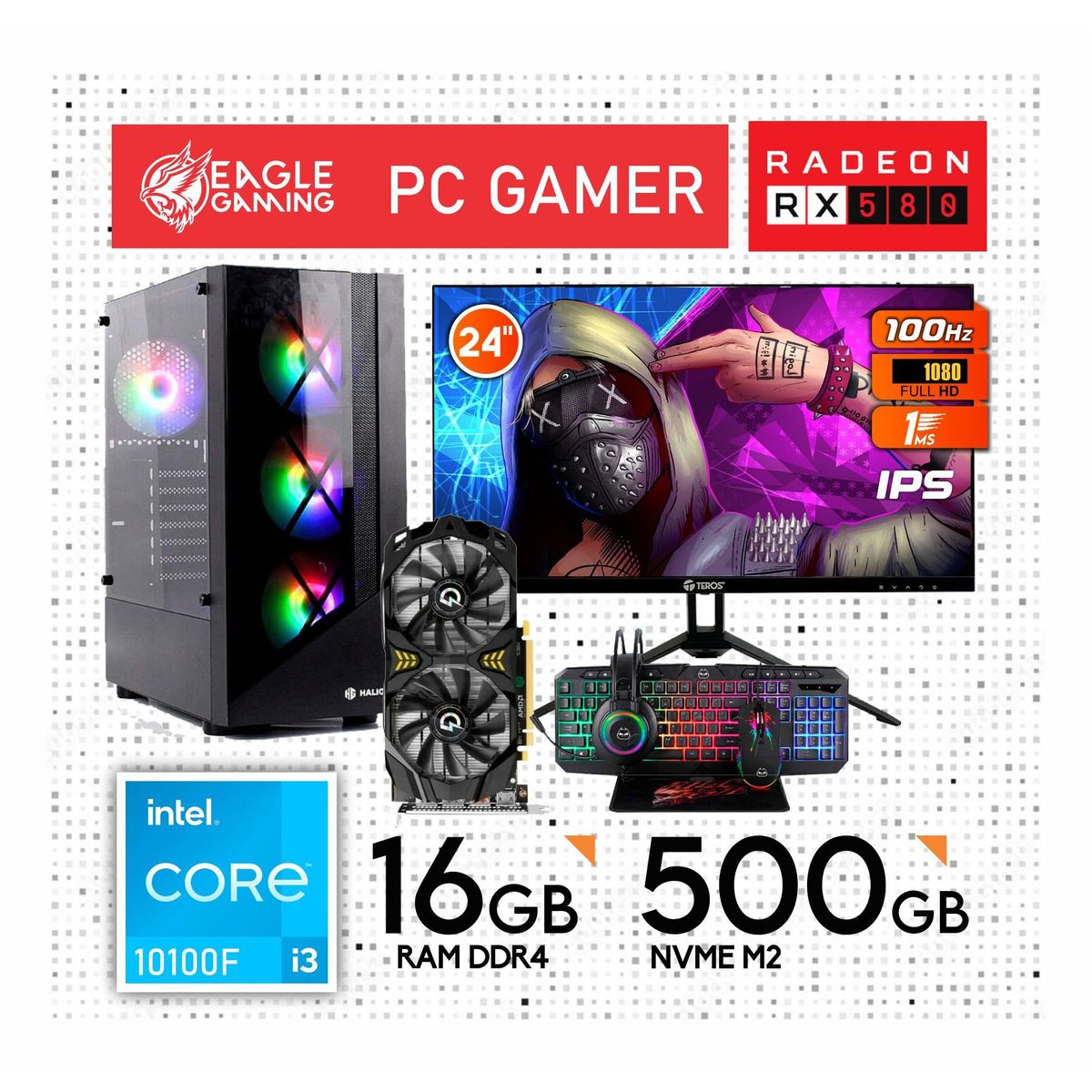 INTEL - CPU GAMER INTEL CORE I3 10100F 10GEN + RX580 8GB +16GB RAM + MONITOR 24
