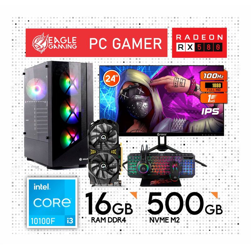INTEL - CPU GAMER INTEL CORE I3 10100F 10GEN + RX580 8GB +16GB RAM + MONITOR 24