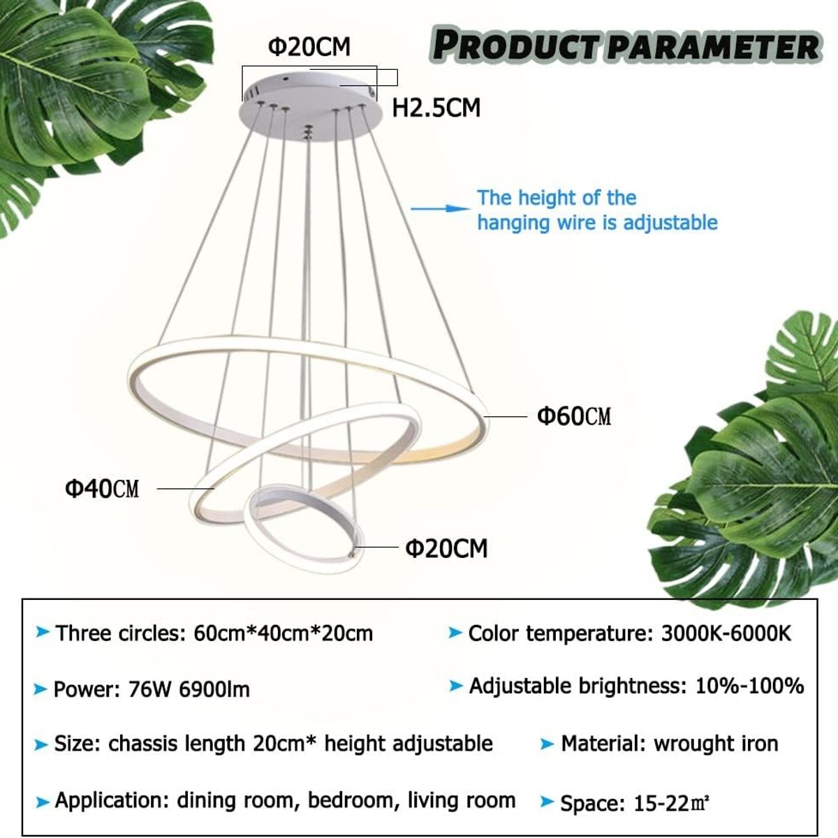 GENERICO - Lampara colgante led de 3 aros blanco incluye control remoto