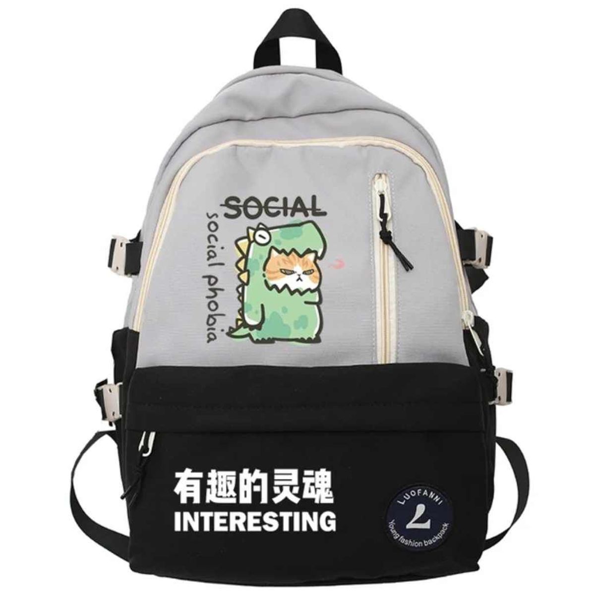 GENERICO - Mochila Kawai Juvenil Grande Coreana de Dinosaurio Gatito Negro