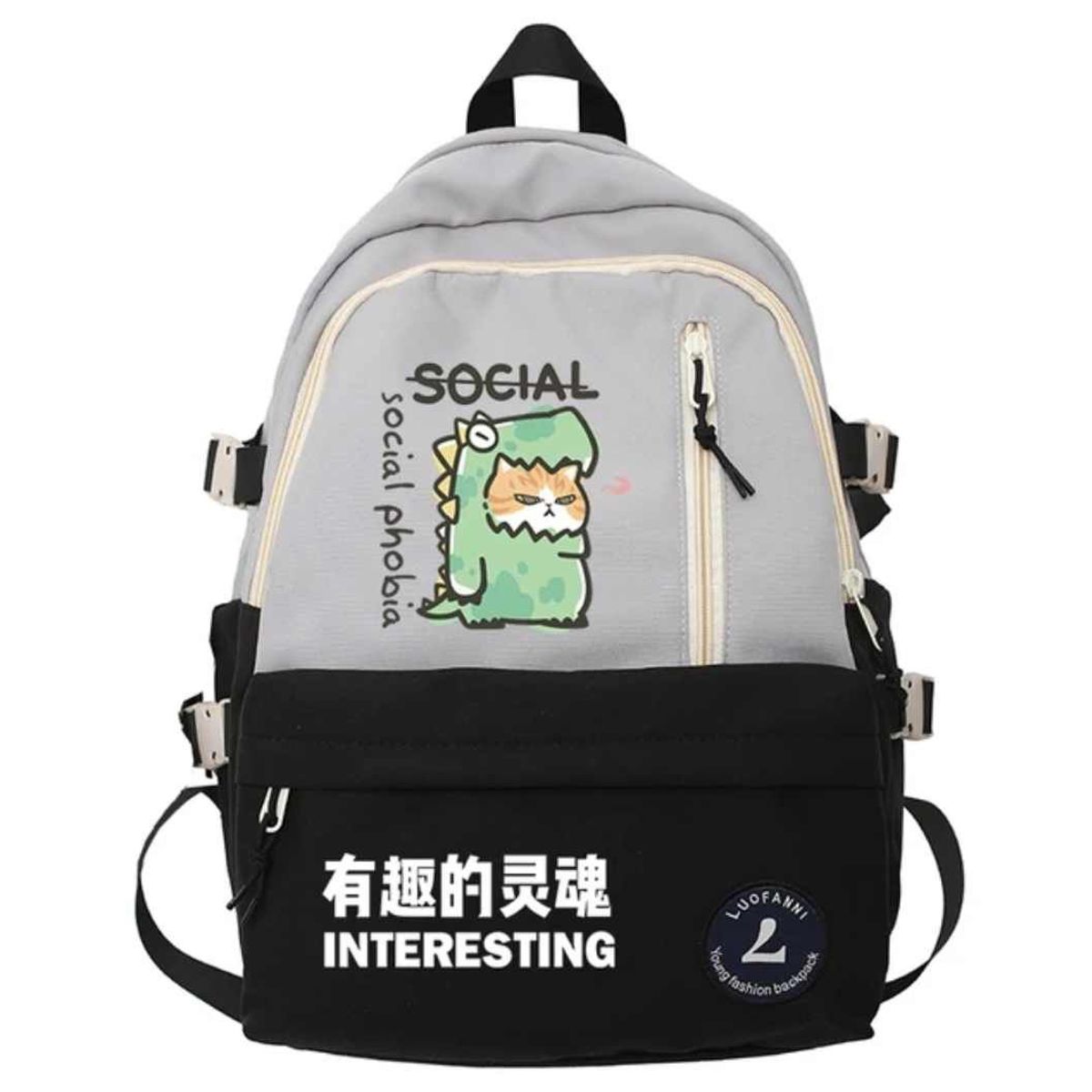 GENERICO - Mochila Kawai Juvenil Grande Coreana de Dinosaurio Gatito Negro