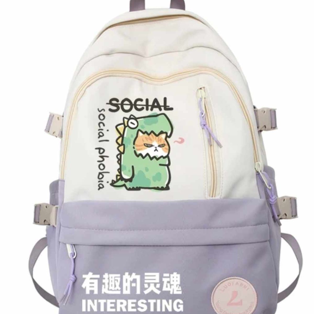 GENERICO - Mochila Kawai Juvenil Grande Coreana de Dinosaurio Gatito Lila