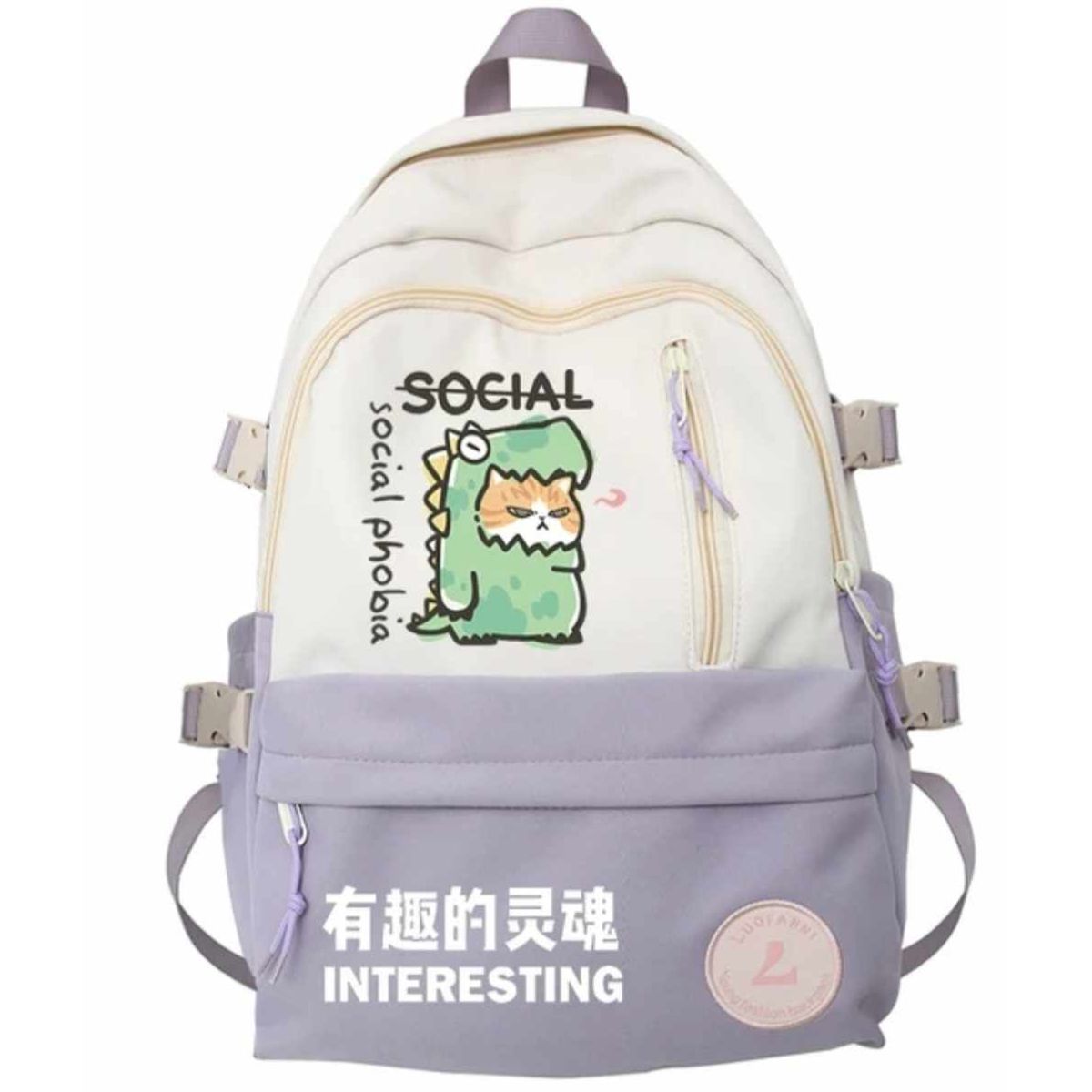 GENERICO - Mochila Kawai Juvenil Grande Coreana de Dinosaurio Gatito Lila
