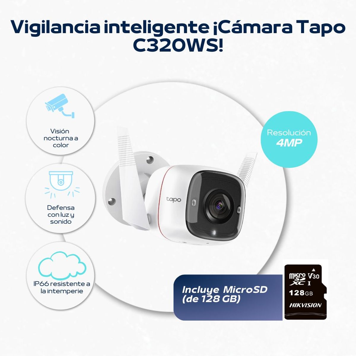 TP LINK - Cámara de seguridad wi-fi para exteriores 2K Tapo-C320WS - Tp-Link + SD 128 GB