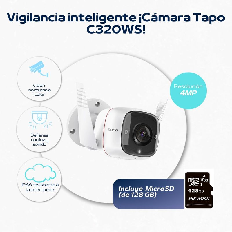 TP LINK - Cámara de seguridad wi-fi para exteriores 2K Tapo-C320WS - Tp-Link + SD 128 GB
