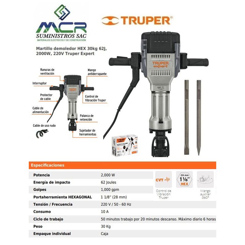 TRUPER - Martillo demoledor hexagonal 2000W  62J 220V 30kg Truper Expert