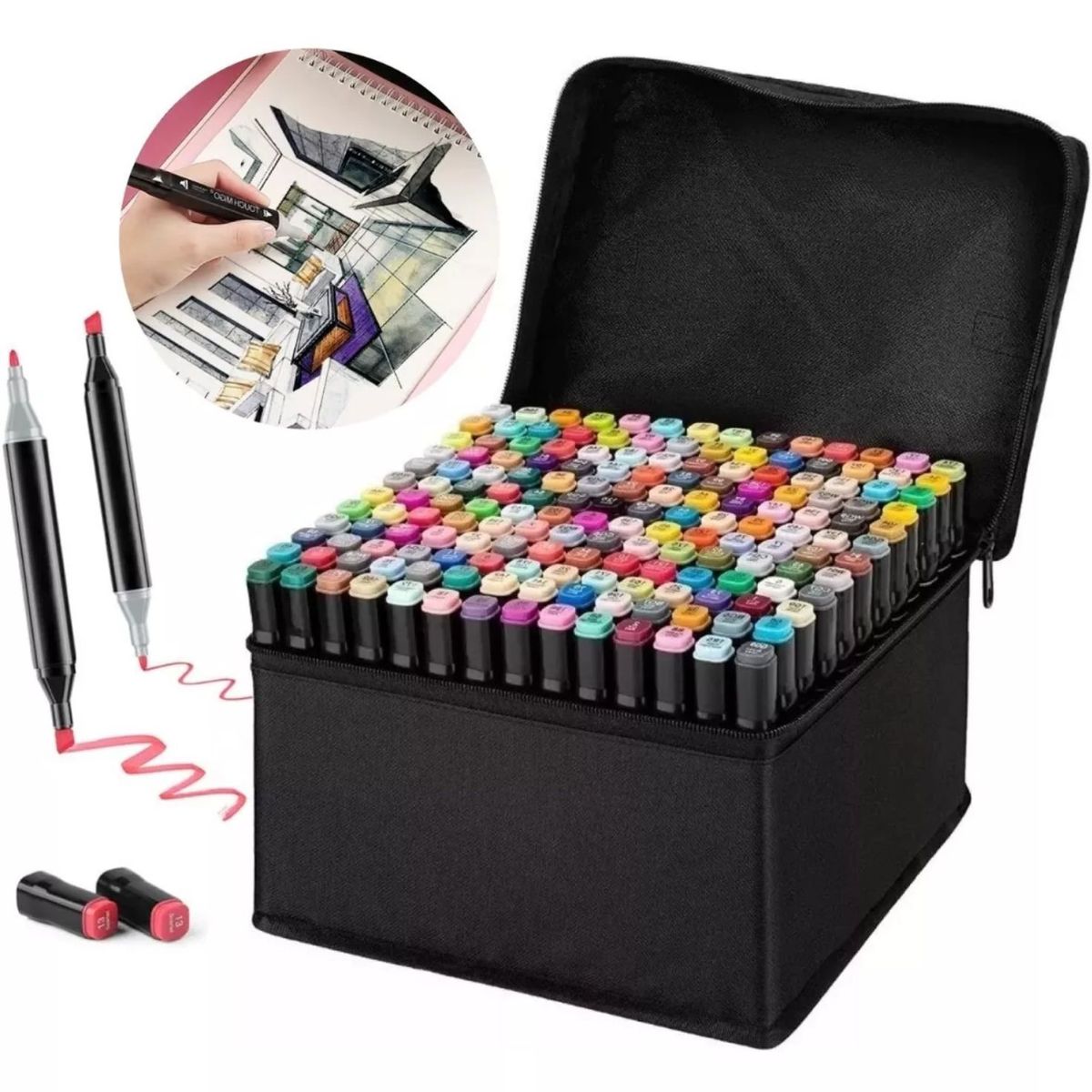 GENERICO - PLUMONES DOBLE PUNTA SET DE 168 CON ESTUCHE  T O U CH