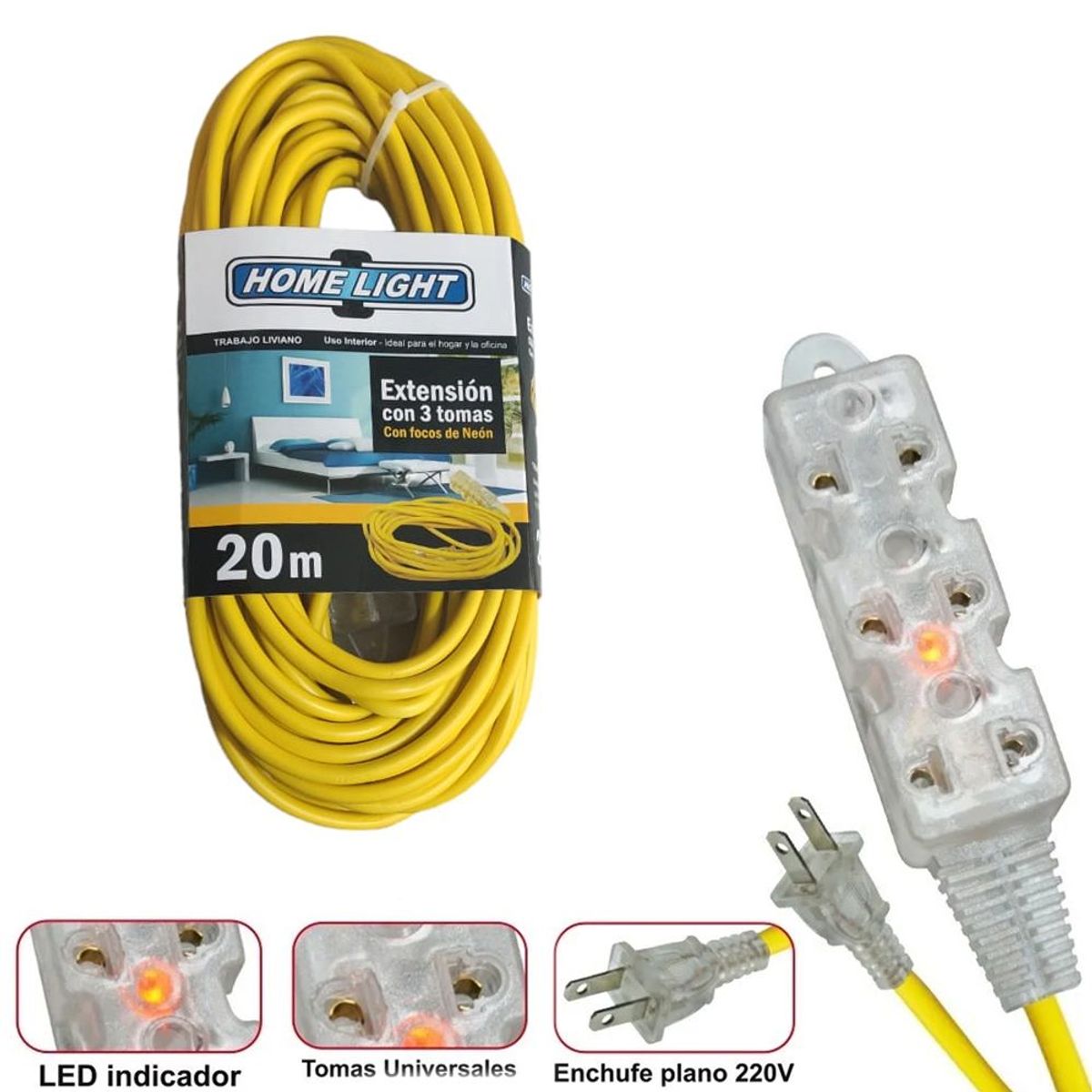 HOME LIGHT - extensión eléctrica cable vulcanizado de 3 tomas 20 metros HOME LIGHT