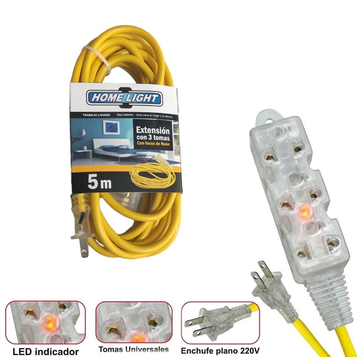 HOME LIGHT - Extensión eléctrica cable vulcanizado de 3 tomas 5 Metros HOME LIGHT