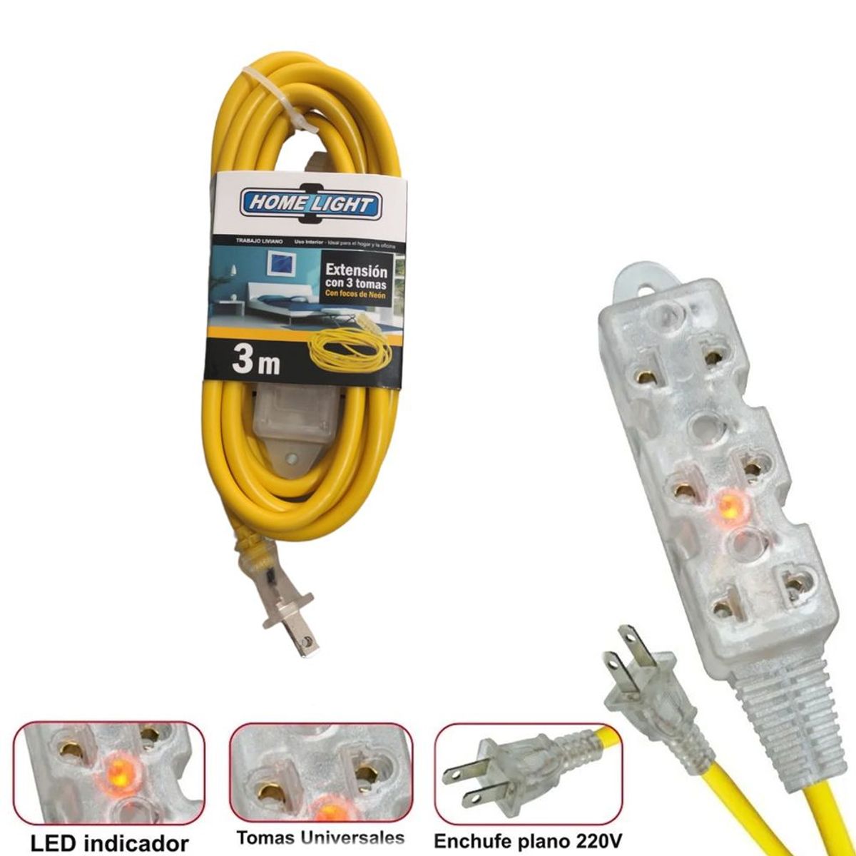 HOME LIGHT - Extensión eléctrica cable vulcanizado de 3 tomas 3 Metros HOME LIGHT