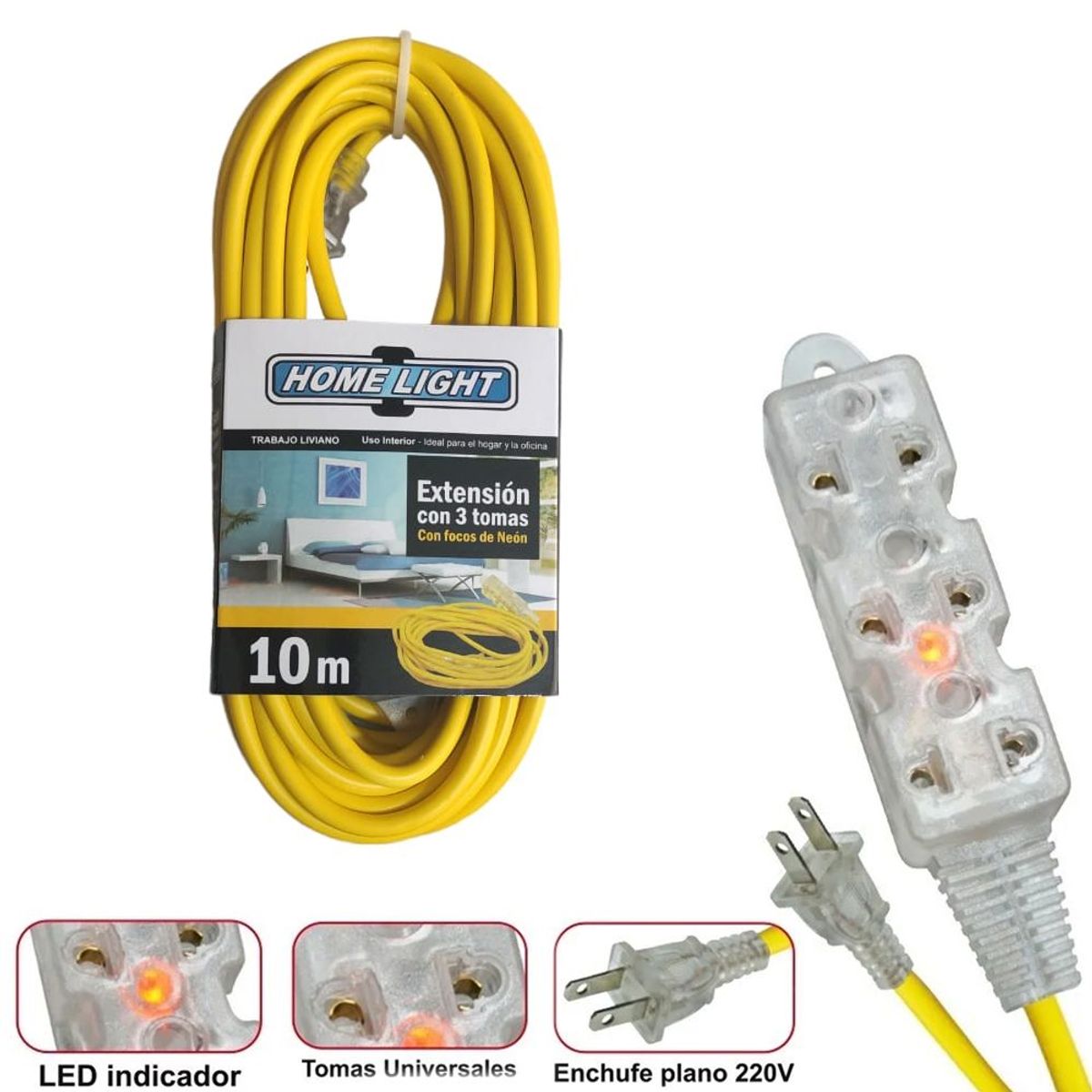 HOME LIGHT - extensión eléctrica cable vulcanizado de 3 tomas 10 Metros HOME LIGHT