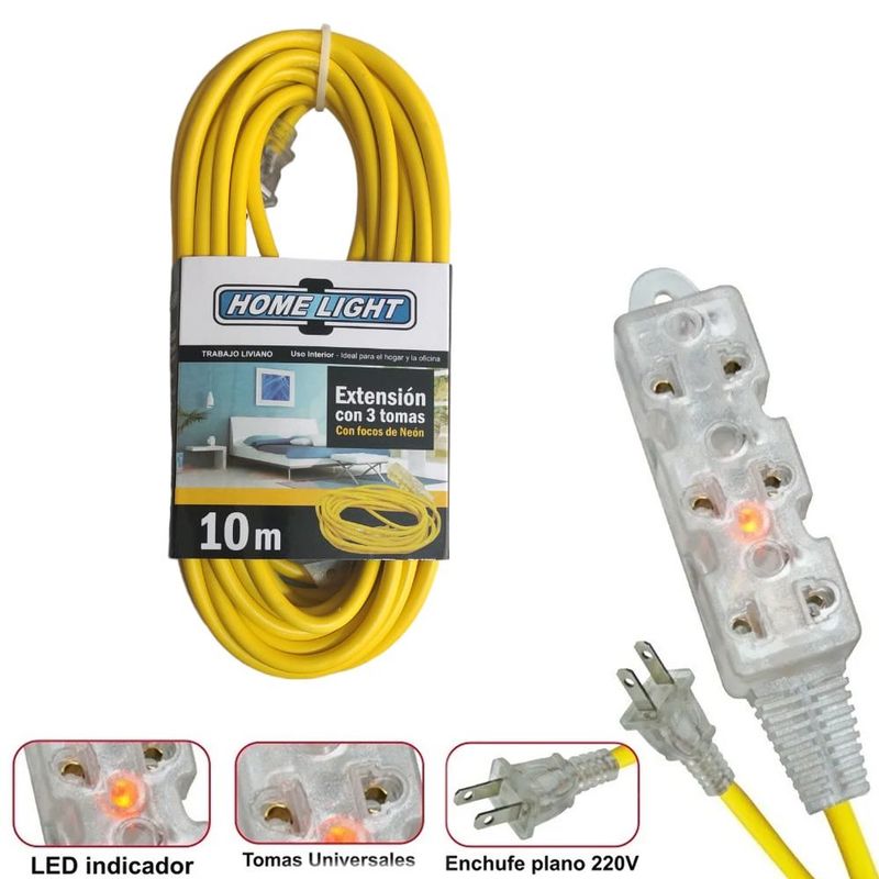 HOME LIGHT - extensión eléctrica cable vulcanizado de 3 tomas 10 Metros HOME LIGHT