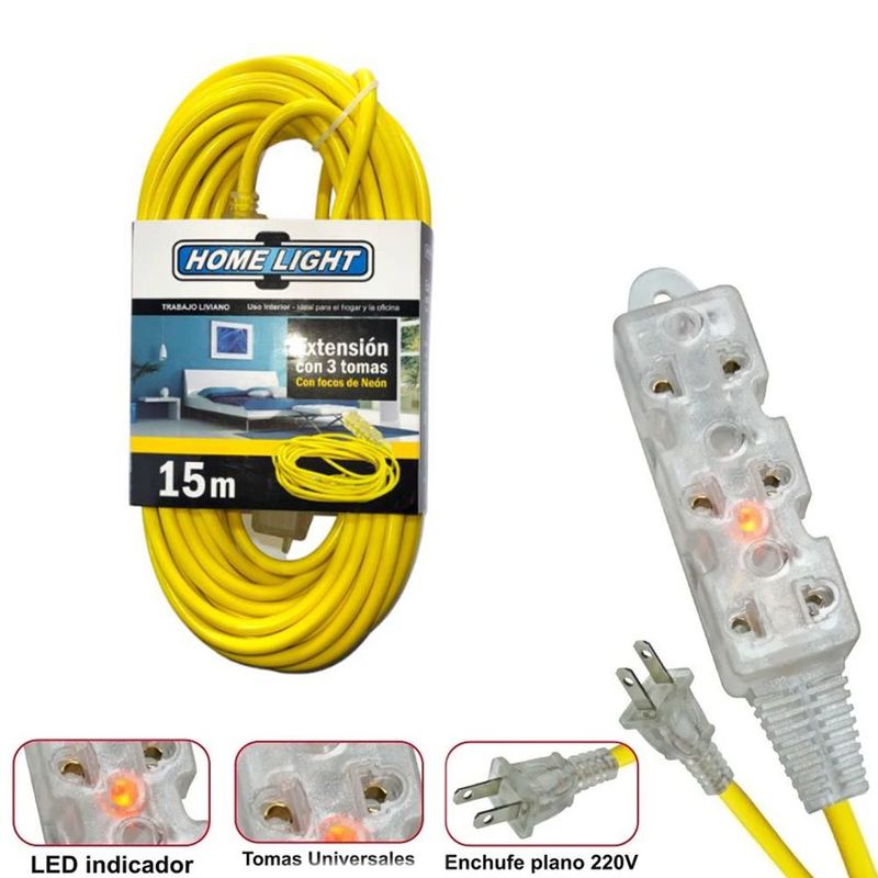 HOME LIGHT - Extensión eléctrica cable vulcanizado de 3 tomas 15 Metros Home LiGHT