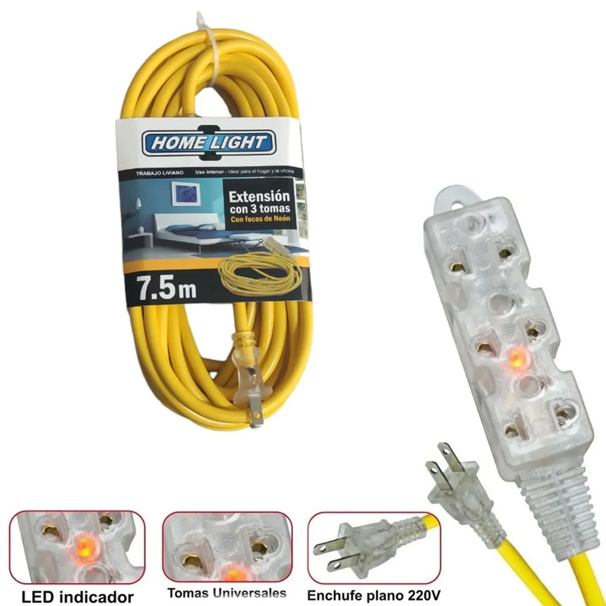 HOME LIGHT - Extensión eléctrica cable vulcanizado de 3 tomas 7.5m HOME LIGHT