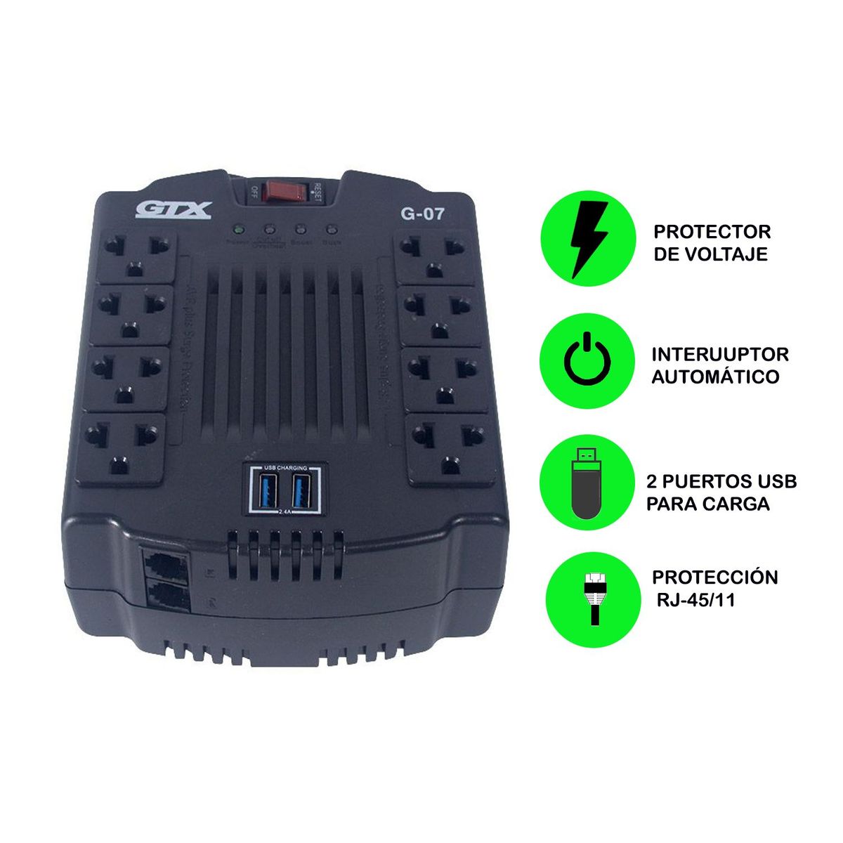 GENERICO - Estabilizador GTX G-07 600 watts, 8 salidas reguladas, 2 puertos USB