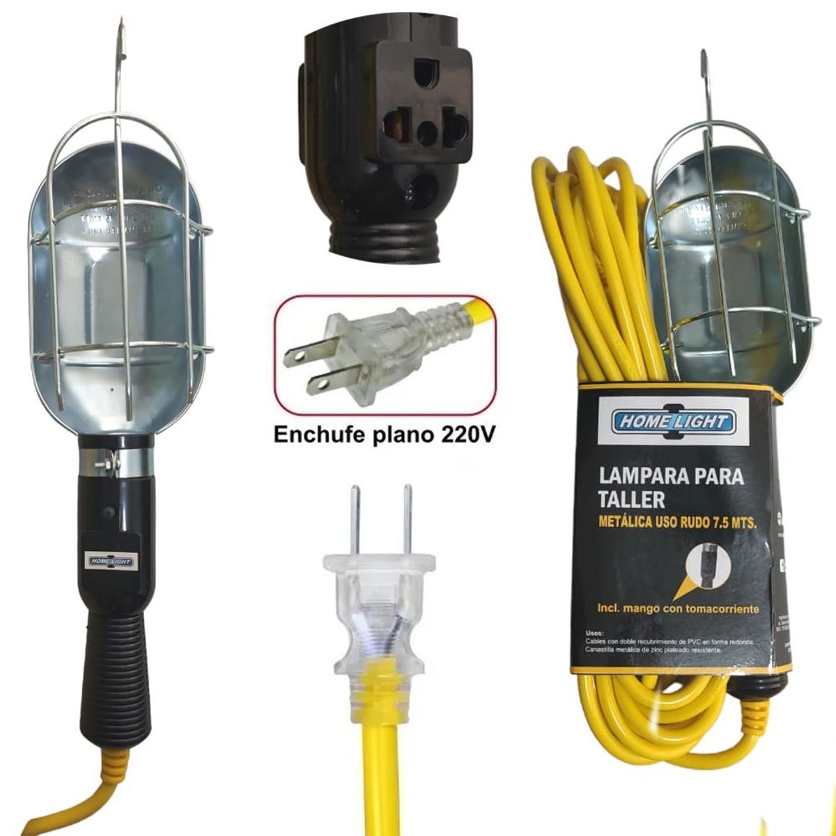 HOME LIGHT - Luz de trabajo con protector de metal y tomacorriente 7.5 Metros
