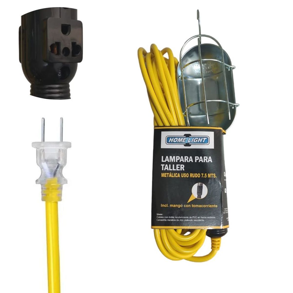 HOME LIGHT - Luz de trabajo con protector de metal y tomacorriente 7.5 Metros
