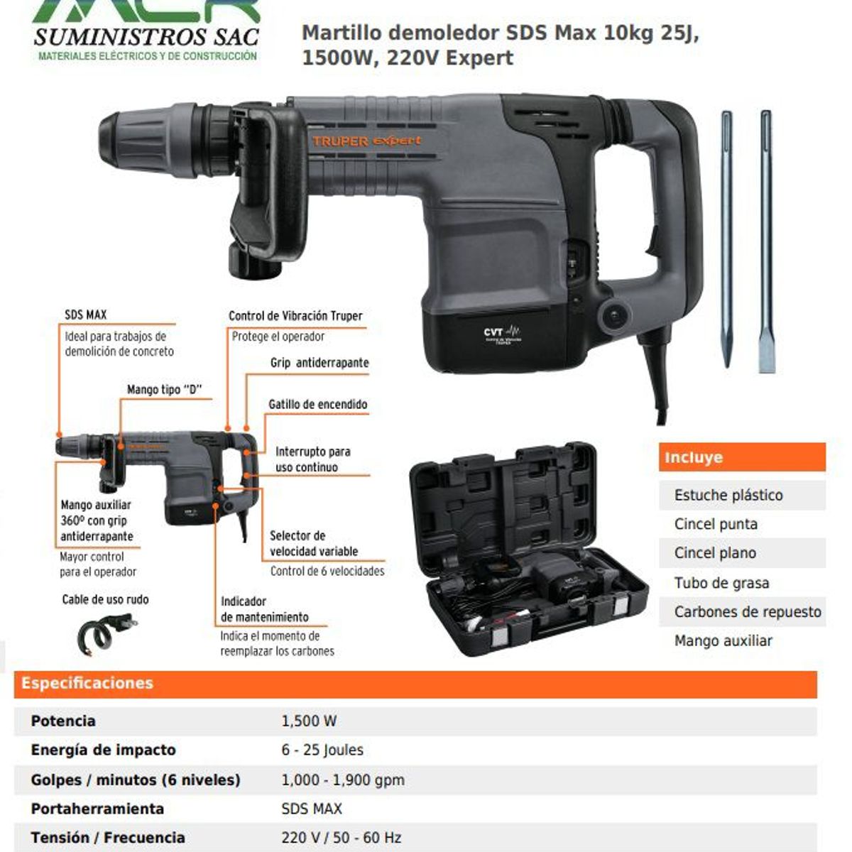 TRUPER - Martillo demoledor SDS Max 1500W 25J 10kg 220V Expert