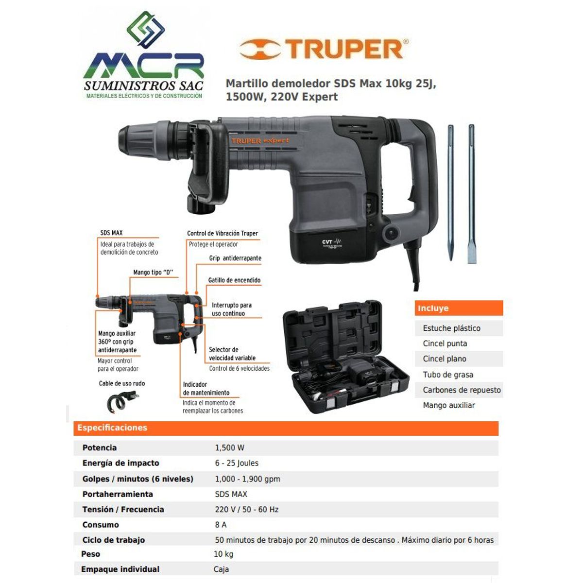 TRUPER - Martillo demoledor SDS Max 1500W 25J 10kg 220V Expert