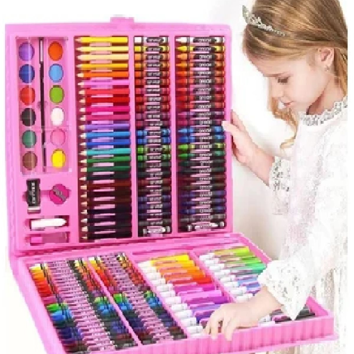 GENERICO - SET DE ARTE Y DIBUJO PARA NIÑOS 208 PIEZAS ROSADO