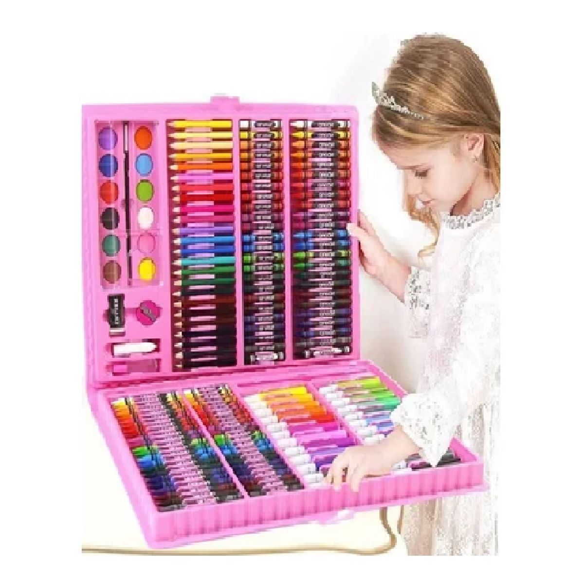 GENERICO - SET DE ARTE Y DIBUJO PARA NIÑOS 208 PIEZAS ROSADO