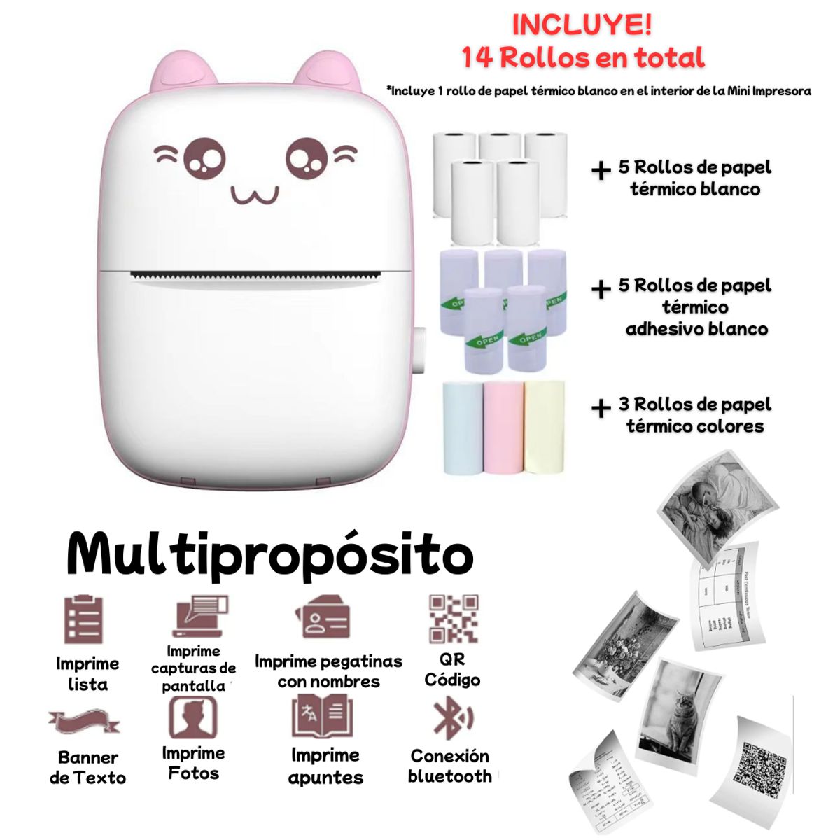 GENERICO - Mini Impresora Térmica Portátil Recargable Bluetooth Kawai Rosado