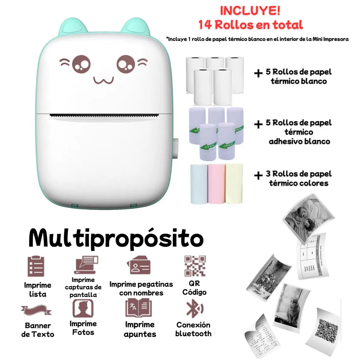 GENERICO - Mini Impresora Térmica Portátil Recargable Bluetooth Kawai Verde