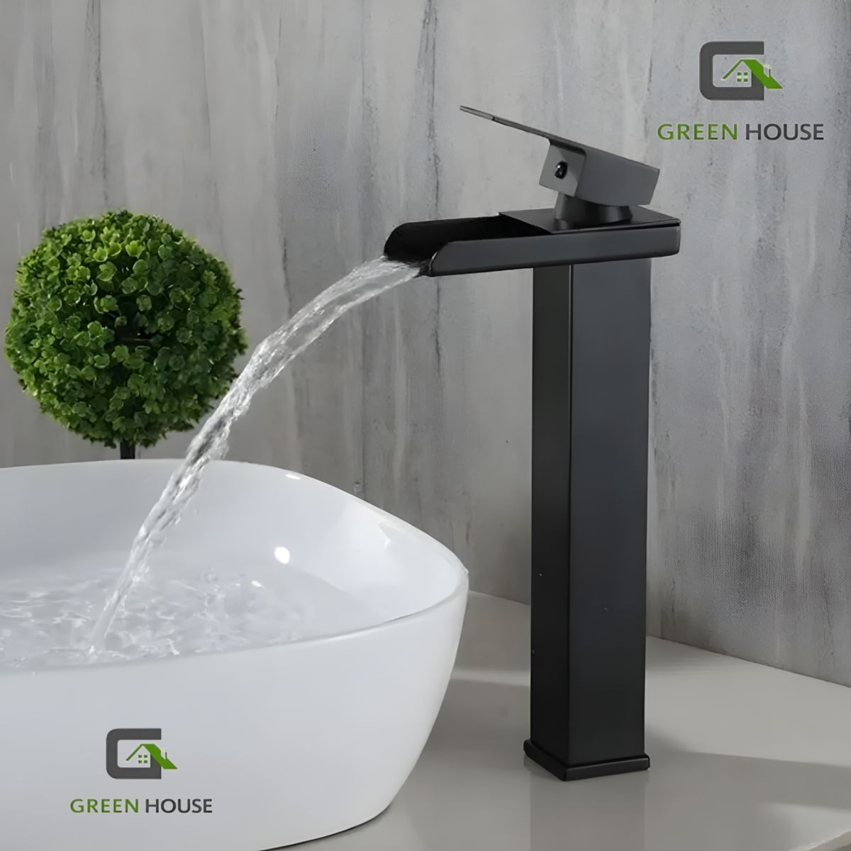 GREEN HOUSE - MEZCLADORA MONOCOMANDO DE LAVATORIO CAIDA CASCADA NEGRO MATE 30CM