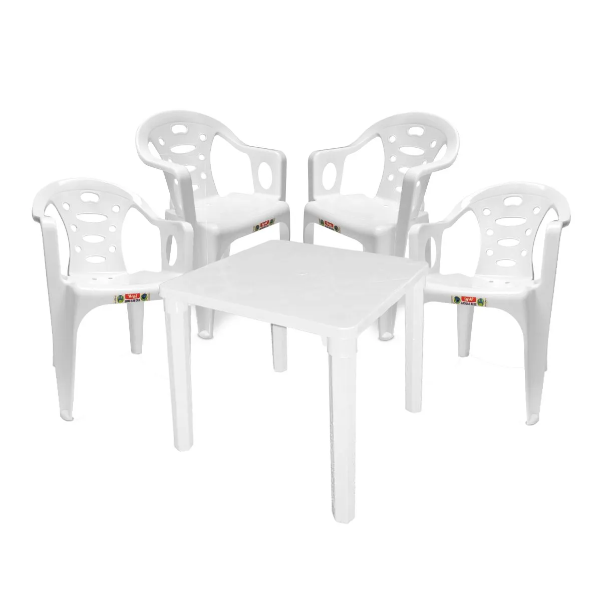 GENERICO - Mesa De Plástico Mas 4 Sillas Con Brazos Terraza Cocina Blanco