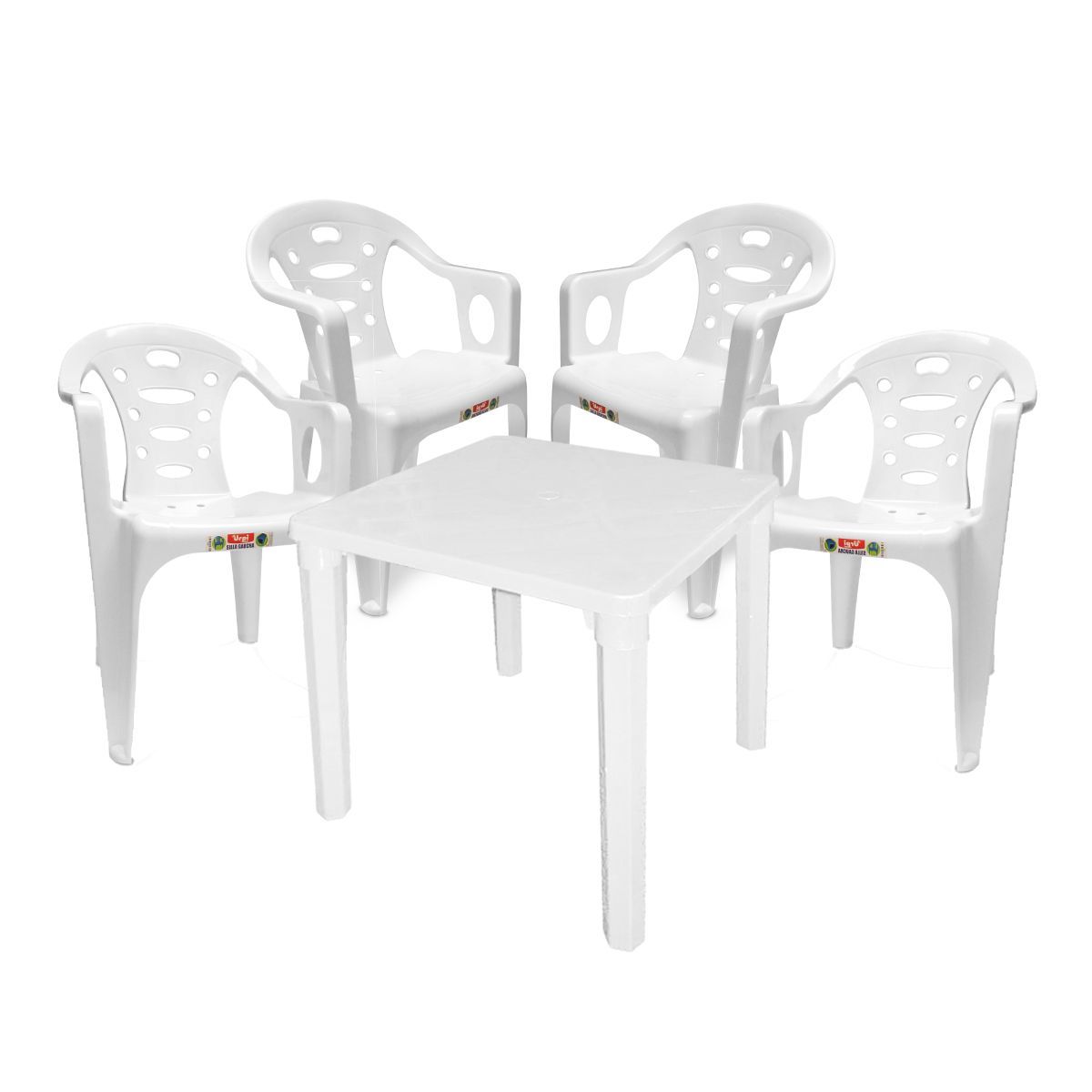 GENERICO - Mesa De Plástico Mas 4 Sillas Con Brazos Terraza Cocina Blanco