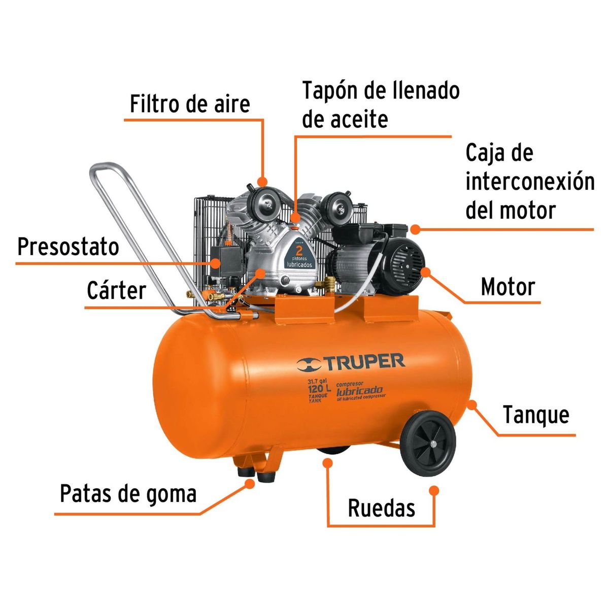 TRUPER - Compresora de aire 120L 4 HP, horizontal lubricada de banda, TRUPER
