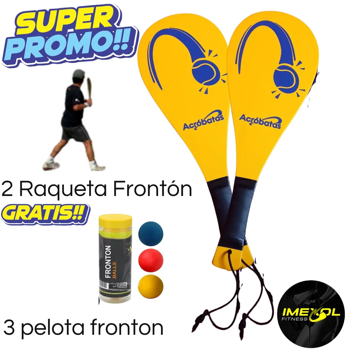 GENERICO - Dos Raqueta frontón liviana color entero + 3 pelota gratis.