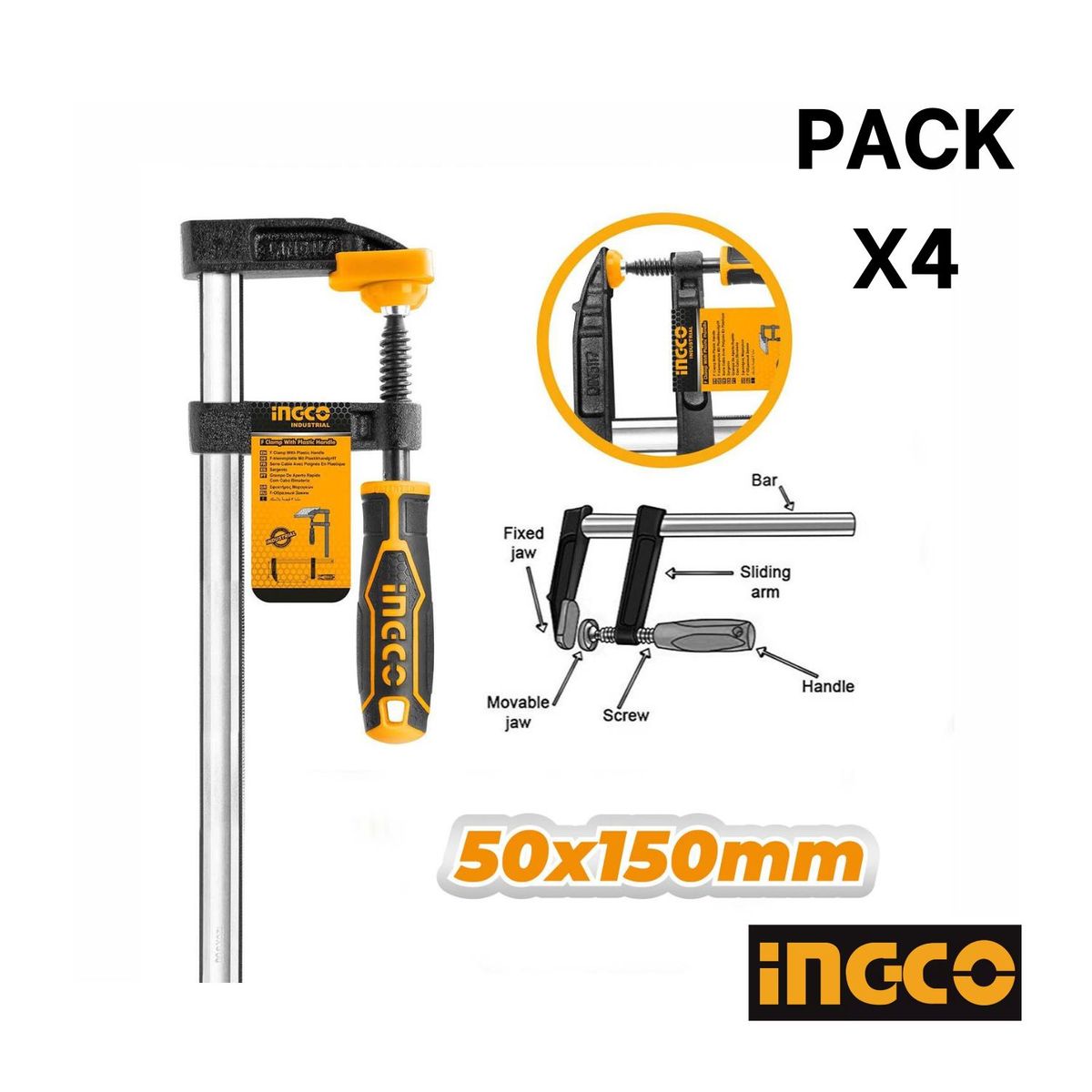 INGCO TOOLS - Pack x4 Prensa Sargento tipo F 50 x 150MM Industrial Ingco