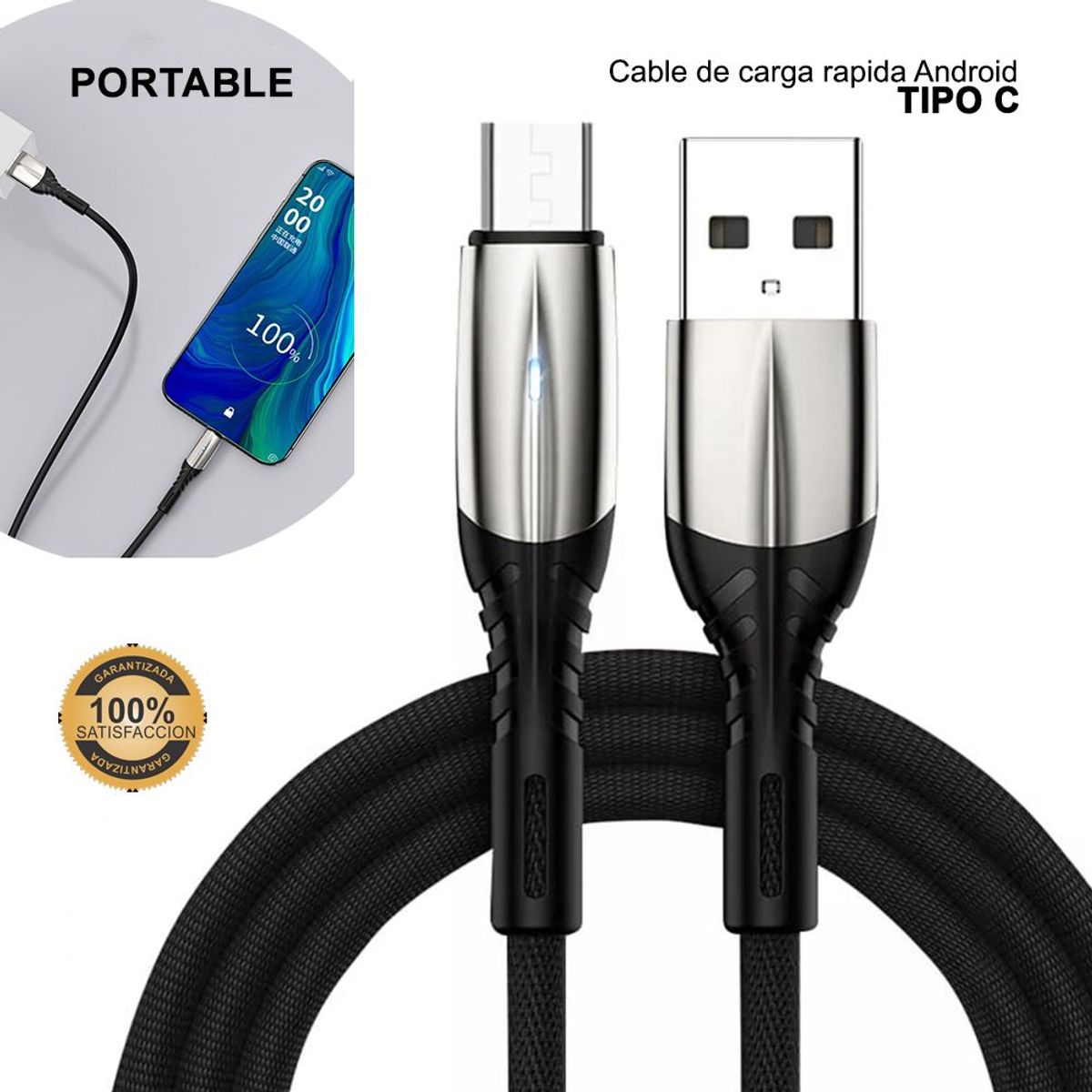 DREIZT - Cable Reforzado Tipo-C a USB 1 Metro Negro APC230016