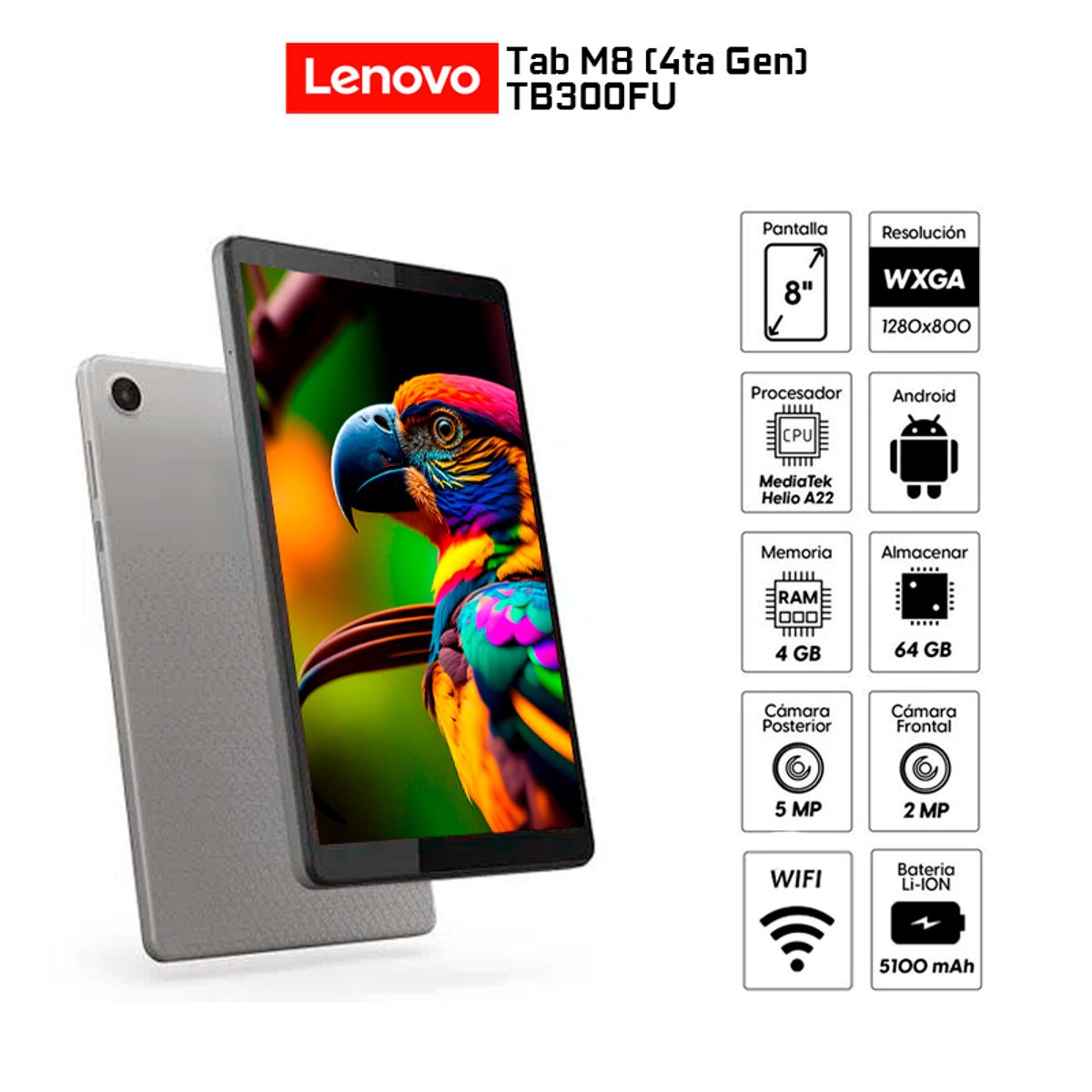 LENOVO - Tablet Lenovo Tab M8 4ta Gen-TB300FU 8 4GB ram 64GB Cámara P 5MP frontal 2MP WIFI  Folio case